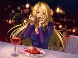  1boy 2girls alcohol blonde_hair blurry bracelet breasts brown_hair chasing cleavage closed_eyes commentary cup death depth_of_field dress drinking_glass eating english_commentary evening_gown fleeing fork highres jewelry knife long_hair metroid metroid_(creature) metroid_fusion multiple_girls necklace plate purple_dress restaurant samus_aran smile stup-jam table tablecloth wine wine_glass x_parasite 