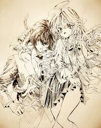  1boy angel angel_wings asymmetrical_wings aya_carmine body_horror braid cigarette collared_shirt feet_out_of_frame female formal greyscale hair_between_eyes halo highres hitomi_hirosuke_(sayonara_wo_oshiete) hug long_hair looking_at_another millipen_(medium) mismatched_wings monochrome neck_ribbon necktie open_mouth pleated_skirt ribbon sayonara_wo_oshiete school_uniform shirt side_braids simple_background skirt smile smoking snake straight sugamo_mutsuki suit tendril tentacle traditional_media underbust vest wings 