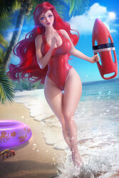  1girls ariel ayyasap baywatch_(cosplay) baywatch_(franchise) blue_eyes cleavage disney disney_princess female female_only large_breasts lifeguard lipstick long_hair one-piece_swimsuit pinup red_hair rescue_buoy running solo swimsuit the_little_mermaid 