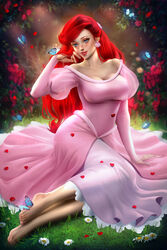  1girls absurd_res ariel ayyasap butterfly disney disney_princess dress female female_focus flower grass jpg pinup princess_dress signature solo the_little_mermaid 