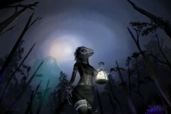  absurd_res anthro argonian bodypaint bottomwear clothing dark_body dark_skin detailed_background face_paint feather_hair feathers female ghost halter_top haunted hi_res holding_object huge_filesize lamp lantern looking_away microsoft night orange_eyes pseudo_hair scalie shirt situth_(varlastreak) skirt solo spirit tank_top the_elder_scrolls topwear tribal varlastreak walking wraith 