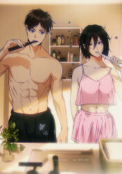  1boy abs absurdres basket black_eyes black_hair black_pants blue_eyes brown_hair brushing_teeth camisole commentary contemporary electric_toothbrush eren_yeager female highres messy_hair midriff mikasa_ackerman mirror navel niku_(ni23ku) pants pink_camisole pink_shorts plant shingeki_no_kyojin shorts sink symbol-only_commentary toned toned_male toothbrush topless_male 