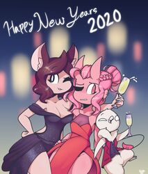  1boy2girls 2020 aiko_(giidenuts) anthro avian avian_humanoid bottomless_male carrie_(giidenuts) celebration champagne cleavage dress fully_clothed giidenuts glass happy happy_new_year one_eye_closed original party ponytail pose riley_(giidenuts) short_hair signature thighs wink 