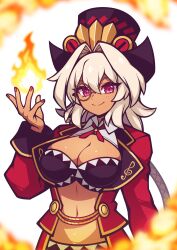  absurdres bacon_strips bra breasts cleavage coat commission cosmic_break dark-skinned_female dark_skin female fire flareleon hat highres large_breasts long_sleeves looking_at_viewer midriff monocle musical_note navel open_clothes open_coat pyrokinesis red_coat red_eyes underwear white_hair 