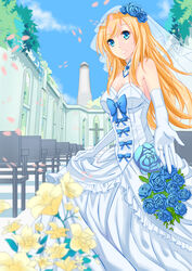  5plus absurdres blonde_hair blue_eyes blue_sky bouquet breasts bridal_veil choker cleavage cloud commentary_request cross day dress elbow_gloves female flower gloves highres long_hair medium_breasts outstretched_arm petals photoshop_(medium) richelieu_(warship_girls_r) rose skirt skirt_hold sky solo veil warship_girls_r wedding_dress 