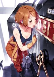  black_shirt breasts brown_eyes brown_gloves brown_hair cleaning cleavage collarbone female gloves highres medium_breasts one_eye_closed rail_wars! sasshou_mari shirt short_hair solo vania600 