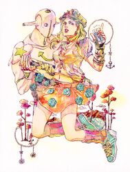  anchor_symbol azuma_hatori blonde_hair cellphone commentary_request female fingerless_gloves flower flower_skirt gloves hat higashikata_josuke_(jojolion) highres hirose_yasuho holding iphone jojo_no_kimyou_na_bouken jojolion miniskirt navel phone pink_eyes rose shoes skirt skull_and_crossbones smartphone sneakers socks soft_&amp;_wet spikes stand_(jojo) star_(symbol) tree tri_tails 