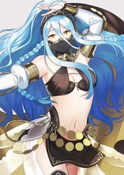  aym_(ash3ash3ash) azura_(fire_emblem) bare_shoulders blue_hair braid breasts cleavage commentary cosplay female fire_emblem fire_emblem_awakening fire_emblem_fates fire_emblem_heroes hairband long_hair midriff mouth_veil navel o-ring o-ring_top olivia_(fire_emblem) olivia_(fire_emblem)_(cosplay) olivia_(performing_arts)_(fire_emblem) ponytail side_braid solo twin_braids veil yellow_eyes 