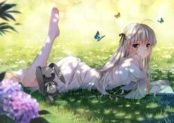  arm_support barefoot blonde_hair book bug butterfly commentary_request dappled_sunlight dress female flower grass grey_eyes hydrangea jiji_(381134808) juliet_sleeves kasugano_sora leg_up long_hair long_legs long_sleeves looking_at_viewer lying on_grass on_ground on_stomach outdoors puffy_sleeves solo stuffed_animal stuffed_rabbit stuffed_toy sunlight the_pose very_long_hair white_dress yosuga_no_sora 