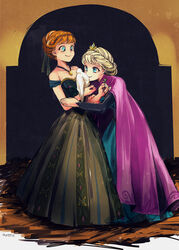  2girls anna_(frozen) bird blonde_hair blue_eyes cape commentary_request elsa_(frozen) frozen_(disney) hair_up highres mattie multiple_girls orange_hair siblings sisters smile standing touching 