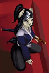  2:3 anthro asian_clothing clothing domestic_cat east_asian_clothing felid feline felis female haori hi_res inazuma_(usagi_yojimbo) japanese_clothing mammal melee_weapon mu_plus solo sword usagi_yojimbo weapon 