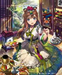  blue_eyes blush brown_hair character_request commentary dress female flower food hanbok happy indoors korea korean_clothes long_hair looking_at_viewer open_mouth shingeki_no_bahamut smile tob 