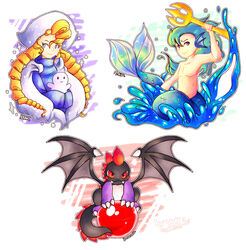  alkanet black_body black_skin blonde_hair blue_hair blush bubble bubble_bobble bust-a-move clothing develon_(bubble_bobble) dragon fangs female group hair hat headgear headwear hi_res human male mammal marine melee_weapon membrane_(anatomy) membranous_wings merfolk mythological_creature mythological_scalie mythology polearm puzzle_bobble red_eyes scalie snow snowman split_form square_enix tail taito teeth trident water weapon wings yukipyro 