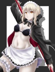  apron arm_up artoria_pendragon_(alter_swimsuit_rider)_(fate) artoria_pendragon_(alter_swimsuit_rider)_(second_ascension)_(fate) artoria_pendragon_(fate) bikini bikini_top_only black_bikini black_border black_jacket black_neckwear black_ribbon black_skirt black_thighhighs blonde_hair border breasts bridal_garter choker closed_mouth commentary contrapposto cowboy_shot denpa_(denpae29) fate/grand_order fate_(series) female frilled_apron frilled_bikini frilled_skirt frills hair_between_eyes highres holding holding_staff hood hooded_jacket jacket looking_at_viewer maid_headdress navel neck_ribbon open_clothes open_jacket orange_eyes outside_border pale_skin red_jacket ribbon serious shadow short_hair sidelocks skirt small_breasts solo staff standing stomach swimsuit thick_thighs thighhighs thighs white_apron white_choker 