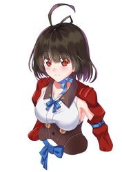  5plus absurdres ahoge black_hair breasts commentary_request corset cowboy_shot female highres koutetsujou_no_kabaneri medium_breasts mumei_(kabaneri) red_eyes ribbon short_hair sideboob smile solo white_background 