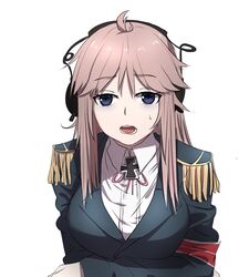  armband bad_id bad_pixiv_id bags_under_eyes blue_eyes cross daijoubu?_oppai_momu?_(meme) female headphones highres iron_cross long_hair looking_at_viewer lulu_heika meme military military_uniform open_mouth pink_hair solo tirpitz_(warship_girls_r) uniform warship_girls_r 