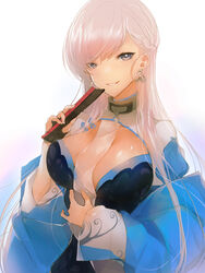  azur_lane belfast_(azur_lane) belfast_(iridescent_rosa)_(azur_lane) blue_eyes braid breasts chinese_clothes cleavage commentary earrings female folded_fan folding_fan french_braid hand_fan highres holding holding_fan jewelry large_breasts long_hair looking_at_viewer official_alternate_costume peanutc photoshop_(medium) ring smile solo upper_body white_hair 