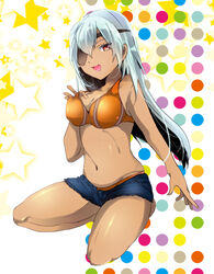  bad_id bad_pixiv_id blue_hair blue_shorts bra breasts eyepatch female genderswap_(mtf) inazuma_eleven_(series) inazuma_eleven_go kneeling large_breasts long_hair navel no_shirt open_mouth panties rule_63 sakuma_jirou shorts solo star_(symbol) sugimoto_surume underwear 