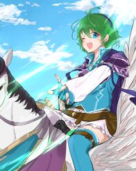  armor belt belt_pouch blue_eyes blue_gloves blue_legwear blue_sky breastplate cloud commentary_request day female fingerless_gloves fire_emblem fire_emblem:_the_blazing_blade fire_emblem_heroes gloves green_hair hairband highres horseback_riding long_sleeves nekolook nino_(fire_emblem) one_eye_closed open_mouth pegasus pegasus_knight_uniform_(fire_emblem) pouch riding short_hair shoulder_armor sky solo 