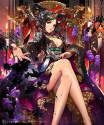  bare_legs beckoning black_hair blush breasts candle character_request cleavage commentary crossed_legs dragon_ornament female fire flower grey_eyes hair_ornament hair_rings hanbok indoors jewelry korean_clothes large_breasts legs lips looking_at_viewer open_hand outstretched_arm palms parted_lips purple_flower ring shingeki_no_bahamut short_hair sitting spread_fingers throne tob underbust wax wolfsbane_(flower) 