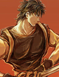  1boy backpack bad_id bad_pixiv_id bag black_hair blurry broad_shoulders collarbone depth_of_field fighting_stance fingerless_gloves food gloves holding holding_sword holding_weapon jojo_no_kimyou_na_bouken jonathan_joestar large_pectorals male_focus mizudama muscular muscular_male orange_background orange_theme pectorals phantom_blood photoshop_(medium) profile solo sword upper_body weapon 