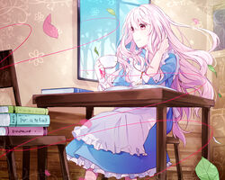  apron blue_dress book chair commentary_request cup day dress female flower frilled_apron frilled_dress frills from_side holding holding_cup holding_string hoshiyui_tsukino indoors jewelry kagerou_project key kozakura_marry leaf light_smile long_hair looking_to_the_side necklace no_hair_bow no_hair_ornament no_hairband on_chair open_book petals pink_eyes sitting skylight smile solo string string_around_finger string_of_fate strong table teacup white_apron white_hair window wooden_chair wooden_table wooden_wall 