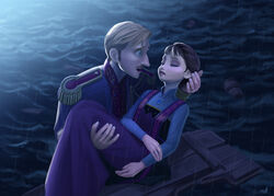  1boy agdar_(frozen) brown_hair carrying closed_eyes commentary_request facial_hair female frozen_(disney) hair_up highres husband_and_wife idunn_(frozen) miacat moustache night ocean photoshop_(medium) princess_carry short_hair unconscious water 