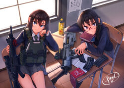  2girls ammunition_pouch angled_foregrip arm_support armband assault_rifle bad_id bad_pixiv_id bag black_footwear black_hair black_socks blazer blue_eyes blue_jacket body_armor book book_stack bottle brown_hair bulletproof_vest bullpup buttons c.c._lemon chair cheek_rest classroom closed_mouth collared_shirt cz_805_bren day desk dreadtie drink floor folding_stock foregrip from_above glasses green_necktie grey_skirt gun hair_between_eyes hand_on_own_cheek hand_on_own_face highres holding holding_gun holding_magazine_(weapon) holding_weapon indoors iwi_tavor iwi_x95 jacket knees_out_of_frame load_bearing_vest long_sleeves looking_at_viewer magazine_(weapon) makino_chizuru multiple_girls necktie on_chair open_book optical_sight original pantyhose plastic_bottle pleated_skirt poster_(object) pouch product_placement purple_eyes radio radio_antenna red-framed_eyewear red_armband reflex_sight rifle school school_bag school_chair school_desk school_uniform semi-rimless_eyewear seta_haruka shirt signature sitting skirt socks thighs tile_floor tiles under-rim_eyewear unworn_armband weapon white_shirt window wooden_desk 