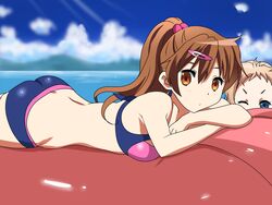  2girls absurdres ass bikini blonde_hair blue_eyes brown_eyes brown_hair butt_crack chuunibyou_demo_koi_ga_shitai! commentary_request dekomori_sanae hair_ornament hairclip highres inflatable_raft karuta_(karuta01) long_hair looking_at_viewer lying multiple_girls nibutani_shinka ocean on_stomach one_eye_closed ponytail swimsuit twintails water 