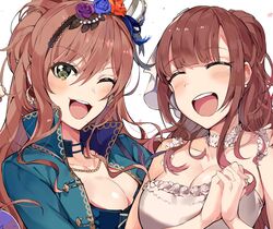  2girls :d bang_dream! blue_flower blue_jacket blue_rose blush breasts brown_hair cleavage closed_eyes commentary_request dress endou_yurika flower green_eyes hair_bun hair_flower hair_ornament hairband imai_lisa jacket large_breasts long_hair multiple_girls one_eye_closed open_clothes open_jacket open_mouth purple_flower purple_rose red_flower red_rose rose round_teeth single_hair_bun smile teeth tuxedo_de_cat voice_actor voice_actor_connection white_dress 