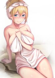  arm_between_breasts arm_support between_breasts blend_s blonde_hair blue_eyes blush breasts closed_mouth collarbone commentary_request female hair_between_eyes hair_up highres hinata_kaho large_breasts lun7732 naked_towel nose_blush sitting smile solo towel wet white_background 