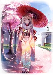  ahoge blonde_hair blue_sky cherry_blossoms commentary_request day female floral_print flower hair_flower hair_ornament house japanese_clothes jiji_(381134808) kasugano_sora kimono lantern long_hair long_sleeves looking_at_viewer obi oil-paper_umbrella outdoors pink_eyes sash sky solo tree twintails umbrella very_long_hair wide_sleeves yosuga_no_sora 