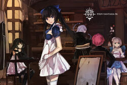  2boys 4girls black_dress black_eyes black_gloves black_hair black_legwear blue_bow blue_eyes bow copyright_name dress elbow_gloves flower gloves grey_hair hair_flower hair_ornament hairbow highres indoors long_hair looking_at_viewer maid multiple_boys multiple_girls paradise_(swd3e2) pixiv_fantasia pixiv_fantasia_fallen_kings red_flower red_hair short_hair sitting swd3e2 thighhighs twintails white_dress white_legwear 