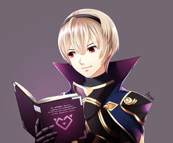  1boy armor aruetsuto blonde_hair book cape commentary_request commission fire_emblem fire_emblem_fates gloves leo_(fire_emblem_fates) male_focus photoshop_(medium) red_eyes solo 