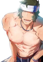  1boy :d alternate_costume aniki_(chaji1129) bara blurry brown_hair closed_eyes collarbone commentary_request dark-skinned_male dark_skin depth_of_field enjoji_michiru headband idolmaster idolmaster_side-m jewelry male_focus male_swimwear muscular muscular_male navel necklace open_mouth pectorals simple_background smile solo sweatband topless_male white_background 