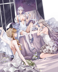  3girls absurdres ahoge asymmetrical_hair azur_lane back bare_shoulders blonde_hair blue_eyes blush bouquet bow breasts bridal_veil bride center_opening cleavage closed_mouth collarbone commentary_request covered_nipples detached_sleeves dress earrings enterprise_(azur_lane) enterprise_(starlight_oath)_(azur_lane) floating_hair flower grey_hair hair_over_shoulder hair_ribbon hand_in_own_hair high_heels highres holding holding_bouquet holding_flower hood_(azur_lane) hood_(rosey_love_poem)_(azur_lane) illustrious_(azur_lane) illustrious_(morning_star_of_love_and_hope)_(azur_lane) indoors jewelry lace lace-trimmed_dress lace_trim large_breasts long_hair long_sleeves looking_at_viewer low_twintails multiple_girls narakuuu necklace night official_alternate_costume parted_lips pearl_necklace photoshop_(medium) pulling_another&#039;s_clothes purple_eyes purple_flower purple_rose ribbon rose see-through shoe_dangle sitting sleeves_past_wrists straight_hair strapless strapless_dress thighhighs thighhighs_pull tiara tress_ribbon twintails veil wedding_dress white_bow white_dress white_flower white_footwear white_hair white_rose white_thighhighs window 