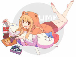  animal_hood anry_(rmrnmrm) artist_request ass barefoot blush_stickers casual controller doma_umaru female female hamster_costume himouto!_umaru-chan hood horts light_brown_hair long_hair looking_at_viewer lying necolumbus nekoronbusu on_stomach simple_background solo stuffed_animal stuffed_toy 