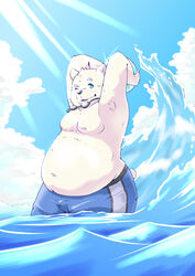  2017 absurd_res anthro ball beach_ball bear belly blue_eyes clothed clothing cloud eyewear fur goggles hi_res inflatable looking_at_viewer male mammal navel nipples outside overweight overweight_anthro overweight_male polar_bear pomupomu490 pool_toy sea sky solo swimming_goggles swimming_trunks swimwear topless ursine water white_body white_fur 