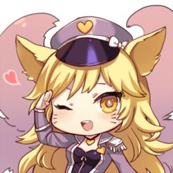  ;d ahri_(league_of_legends) alternate_costume alternate_hair_color alternate_hairstyle animal_ears blonde_hair blush bow chibi commentary cosplay epaulettes facial_mark female fox_ears fox_tail girls&#039;_generation gradient hand_up hat hat_bow heart heart_necklace jacket jewelry league_of_legends long_hair long_sleeves looking_at_viewer lowres momoko_(momopoco) multiple_tails necklace one_eye_closed open_clothes open_jacket open_mouth peaked_cap popstar_ahri salute simple_background smile solo tail uniform upper_body very_long_hair wavy_hair whisker_markings white_background yellow_eyes 