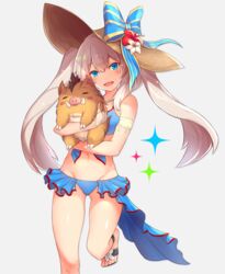  animal bikini bikini_skirt blue_bikini blue_bow blue_eyes blue_ribbon blush boar bow collarbone commentary_request fate/grand_order fate_(series) female flip-flops grey_hair hat hat_bow highres holding holding_animal jewelry long_hair looking_at_viewer marie_antoinette_(fate) marie_antoinette_(swimsuit_caster)_(fate) marie_antoinette_(swimsuit_caster)_(third_ascension)_(fate) navel necklace parted_lips ribbon sandals shishikai smile swimsuit twintails 