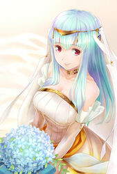  bare_shoulders blue_hair bouquet breasts bridal_veil bride commentary_request dress elbow_gloves female fire_emblem fire_emblem:_the_blazing_blade fire_emblem_heroes flower gloves harumiya_(hayatobi23) highres large_breasts long_hair ninian_(bridal)_(fire_emblem) ninian_(fire_emblem) red_eyes smile solo strapless strapless_dress veil wedding_dress white_dress white_gloves 