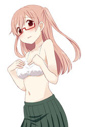  agenasu blush bra brown_eyes commentary embarrassed female glasses light_brown_hair long_hair looking_at_viewer navel no_shirt pleated_skirt red-framed_eyewear shiraishi_(tanakeda) skirt solo tanaka-kun_wa_itsumo_kedaruge two_side_up underwear white_background white_bra 