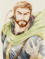  1boy agahari beard brown_hair cape facial_hair fire_emblem fire_emblem:_thracia_776 gloves male_focus manly solo traditional_media xavier_(fire_emblem) 