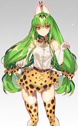  animal_ears artist_name bad_id bad_pixiv_id bare_shoulders bow bowtie breasts c.c. code_geass commentary_request cosplay creayus elbow_gloves female gloves gradient_background green_hair kemono_friends long_hair looking_at_viewer medium_breasts open_mouth orange_bow orange_bowtie paw_pose print_bow print_bowtie serval_(kemono_friends) serval_(kemono_friends)_(cosplay) serval_print simple_background skindentation skirt sleeveless solo tail thighhighs twitter_username two-tone_bowtie white_bow white_bowtie yellow_eyes 