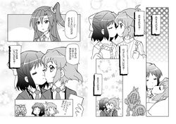  ^_^ blush closed_eyes derivative_work greyscale kairakuen_umenoka kazanari_tsubasa kissing kohinata_miku looking_to_the_side lying monochrome multiple_girls on_back senki_zesshou_symphogear simple_background tachibana_hibiki_(symphogear) translated upper_body white_background wide-eyed yuri 