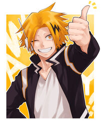  1boy ;) bad_id bad_pixiv_id blonde_hair boku_no_hero_academia grin hand_on_own_hip headphones jacket kaminari_denki male_focus multicolored_hair one_eye_closed open_clothes open_jacket simple_background smile solo spiked_hair streaked_hair thumbs_up upper_body yellow_background yellow_eyes yoshitaro_(almendra) 