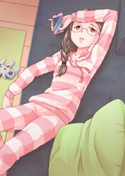  arm_up bad_id bad_pixiv_id brown_eyes brown_hair cellphone commentary_request couch feet_out_of_frame female from_above glasses hair_over_shoulder highres hood hood_down indoors long_sleeves looking_up lying nintendo_64_controller on_back on_couch pajamas parted_lips phone pillow smartphone solo sora_yori_mo_tooi_basho striped takahashi_megumi tsukune_(seseri) 