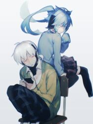  1boy back-to-back bad_id bad_twitter_id blue_hair cardigan cellphone chair cosplay ene_(kagerou_project) enomoto_takane enomoto_takane_(cosplay) female grey_background headphones highres kagerou_project kokonose_haruka kokonose_haruka_(cosplay) konoha_(kagerou_project) long_hair looking_at_another pants phone plaid plaid_pants plaid_skirt ponytail red_eyes school_uniform short_hair sidu_(dsd_kgn) simple_background sitting skirt sleeves_past_wrists smartphone sweatdrop thighhighs twintails white_hair 