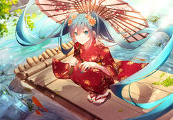  aqua_eyes aqua_hair commentary_request female floating_hair flower hair_flower hair_ornament hatsune_miku japanese_clothes kimono long_hair nail_polish oil-paper_umbrella phino photoshop_(medium) sandals solo squatting toenail_polish toenails twintails umbrella very_long_hair vocaloid water 