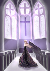  5plus altar black_wings blonde_hair church commentary_request cross dress elbow_gloves female gloves highres indoors light_rays long_hair original partial_commentary pew photoshop_(medium) single_wing solo stained_glass strapless strapless_dress wings 